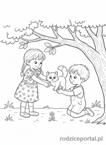 Kolorowanka Współpraca - Dzieci ratują kota z drzewa.