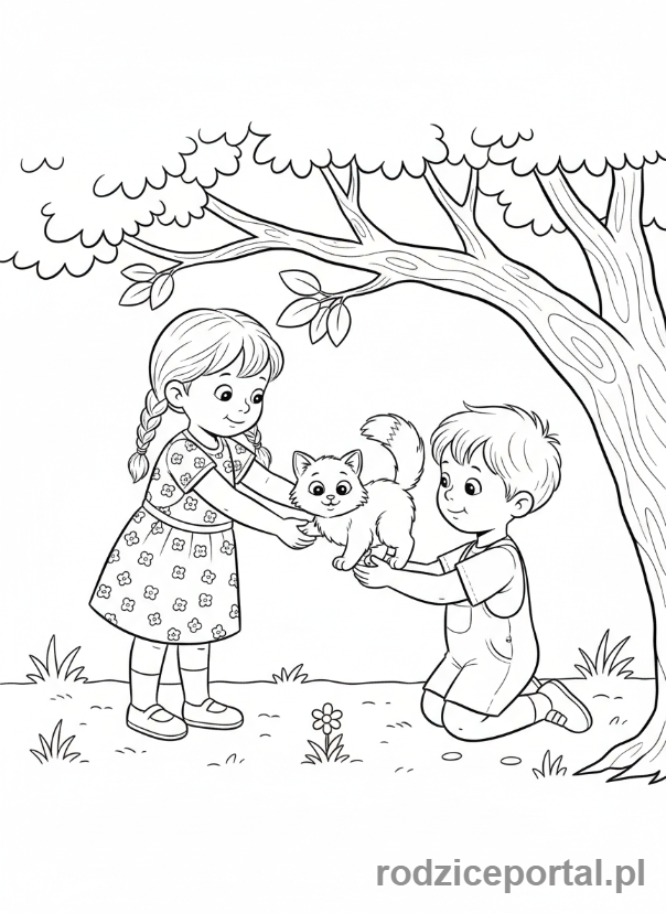 Kolorowanka Współpraca - Dzieci ratują kota z drzewa.
