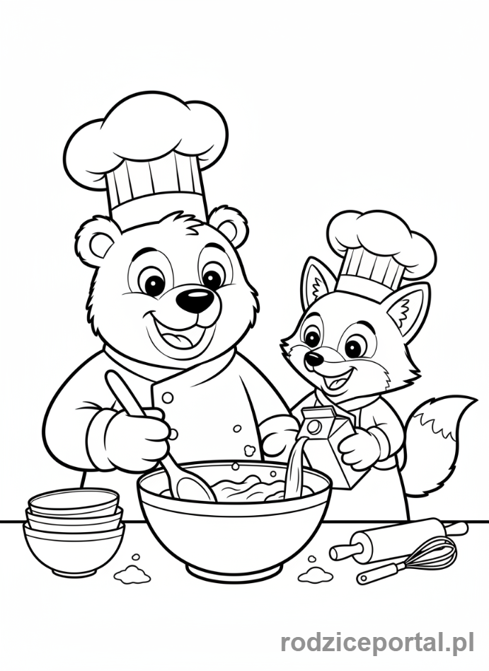 Kolorowanka Współpraca - Mali kucharze pieką ciasto.
