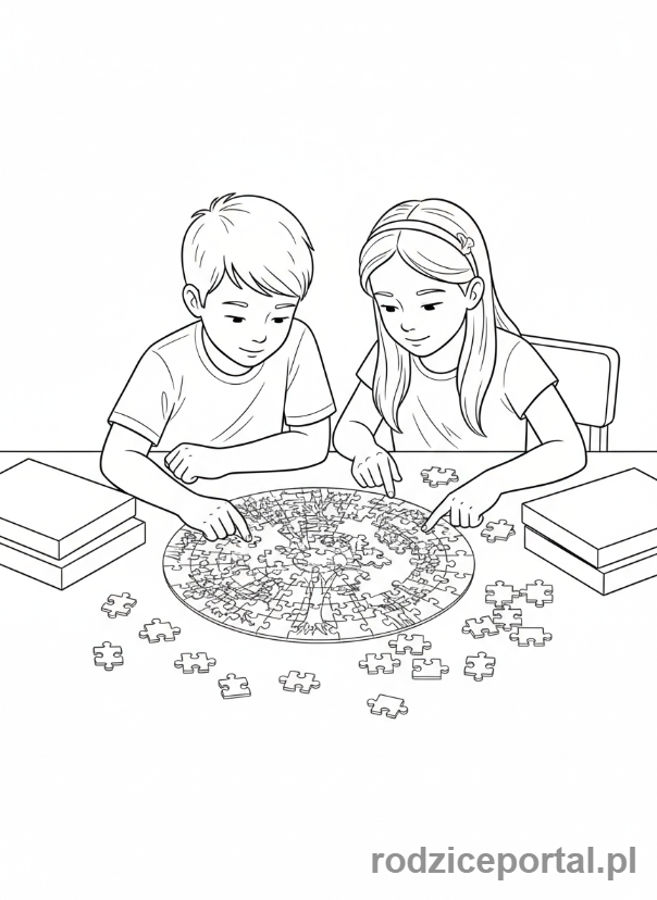 Kolorowanka Współpraca - Przyjaciele układają puzzle.