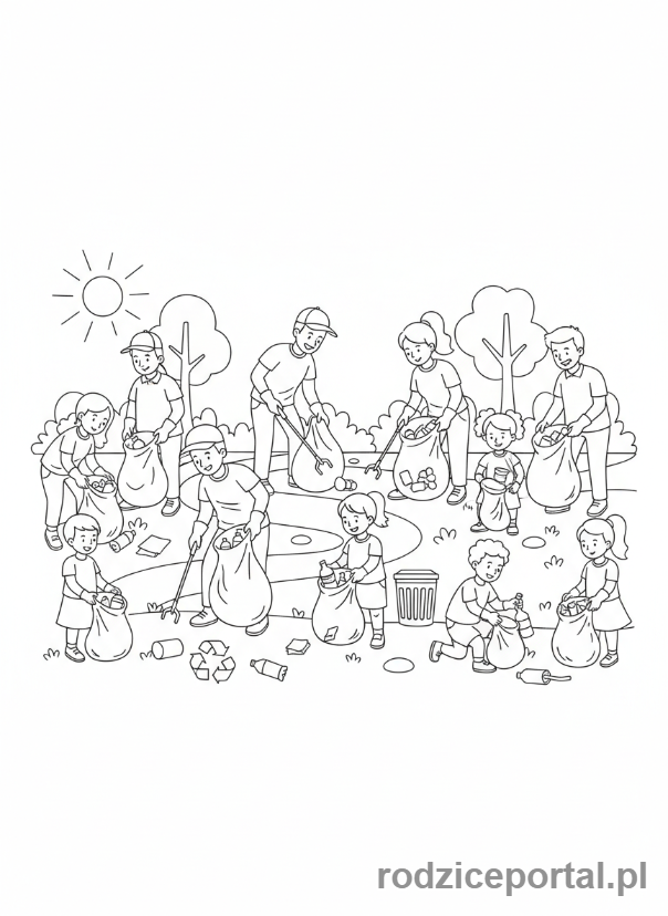 Kolorowanka Współpraca - Sprzątanie parku.