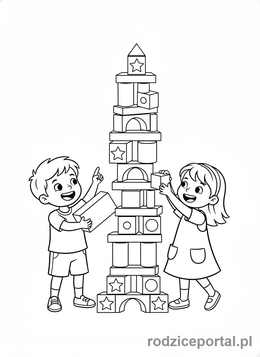 Kolorowanka Współpraca Zadania - Dzieci budujące wieżę