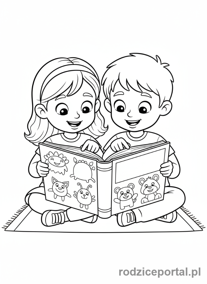 Kolorowanka Współpraca Zadania - Dzieci czytające książkę