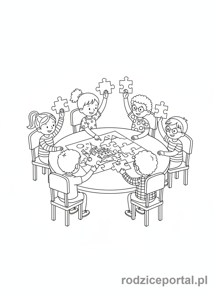 Kolorowanka Współpraca Zadania - Grupa rozwiązująca puzzle