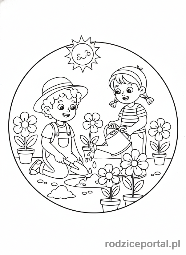 Kolorowanka Współpraca Zadania - Przyjaciele sadzący rośliny