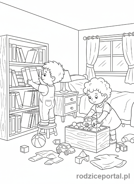Kolorowanka Współpraca Zadania - Wspólne sprzątanie pokoju