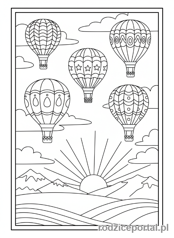 Kolorowanka Wyciszające - Balony na tle zachodzącego słońca