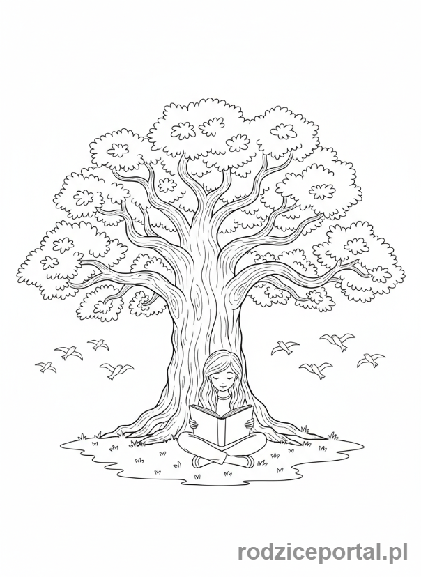 Kolorowanka Wyciszające - Dziewczynka czytająca pod drzewem