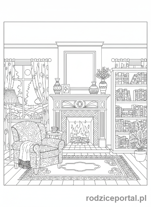 Kolorowanka Wyciszające - Przytulny pokój z kominkiem