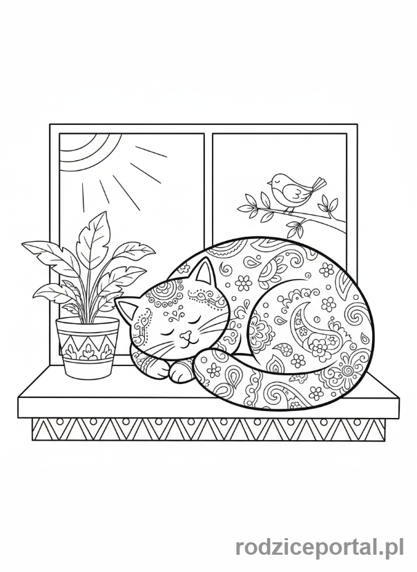 Kolorowanka Wyciszające - Śpiący kot na parapecie