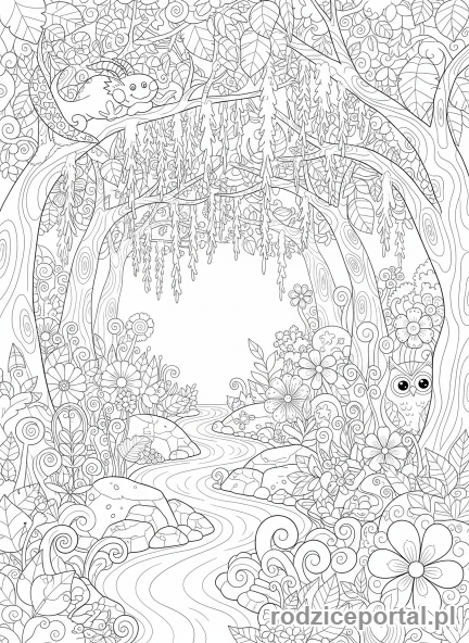 Kolorowanka Wyciszające - Zaczarowany las ze strumieniem