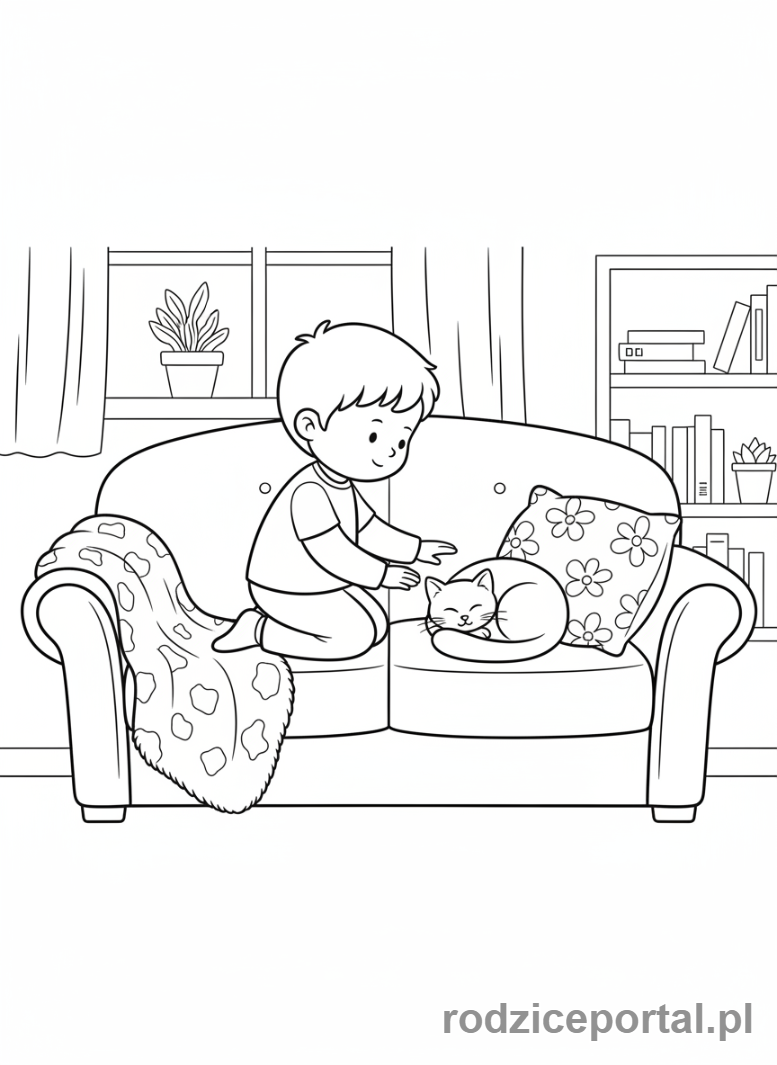 Kolorowanka Wyciszenie Po Dniu - Dziecko głaszcze kota na kanapie