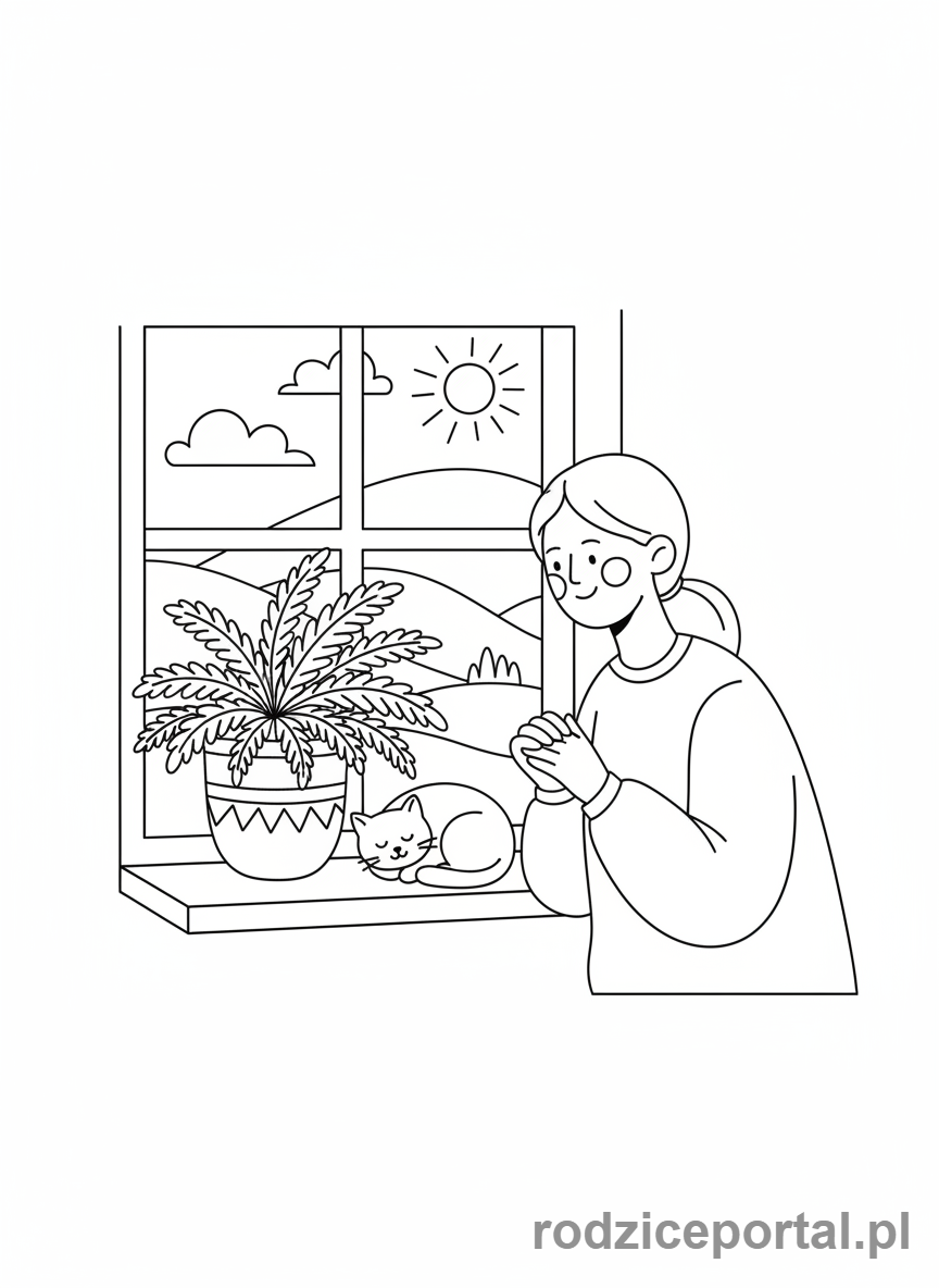 Kolorowanka Wyciszenie Po Dniu - Osoba podziwia roślinę doniczkową