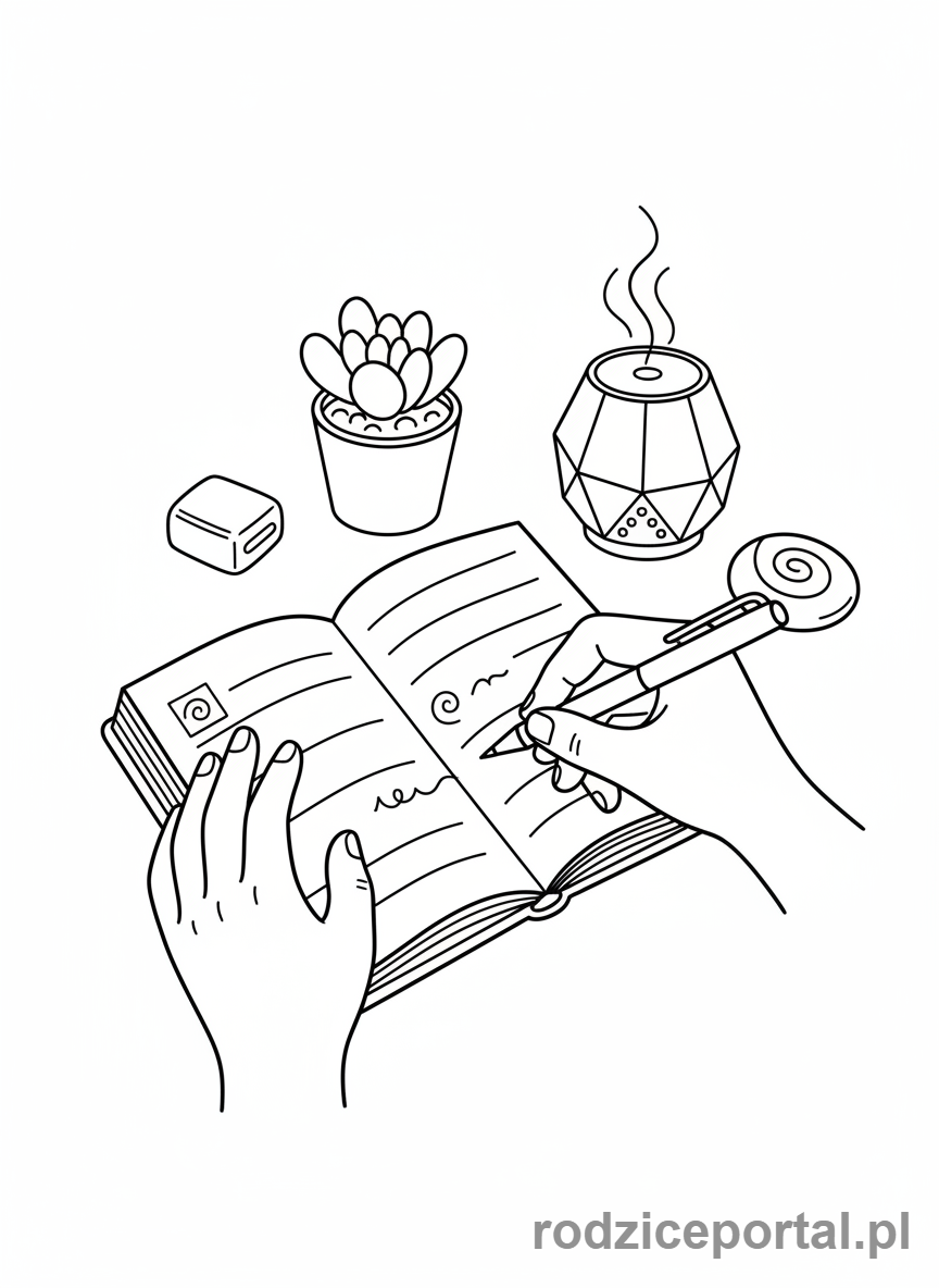 Kolorowanka Wyciszenie Po Dniu - Ręce piszą w dzienniku