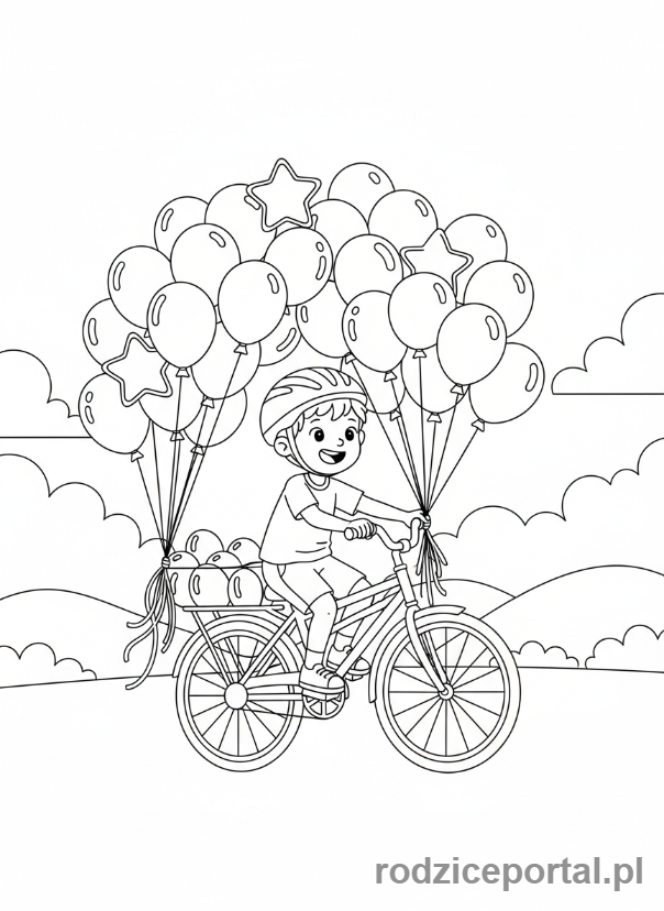 Kolorowanka Wynalazki - Chłopiec jadący na rowerze z balonami
