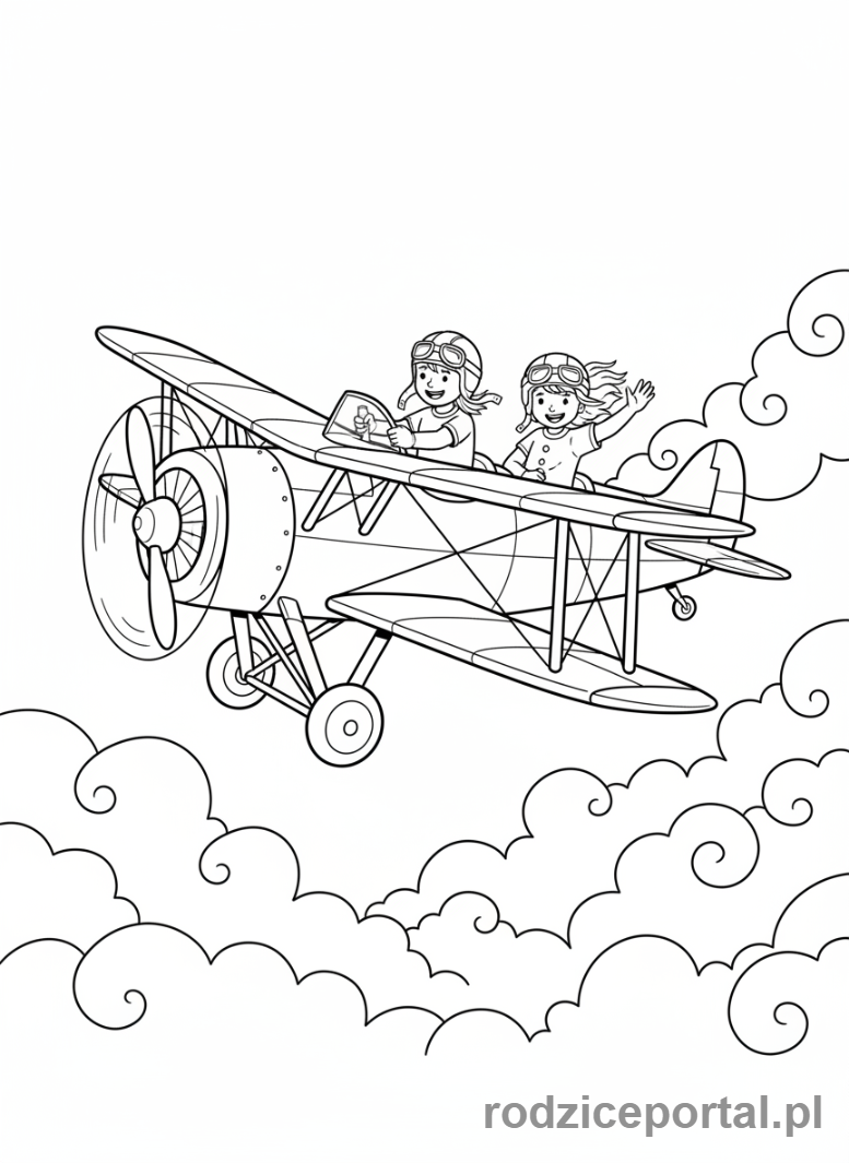 Kolorowanka Wynalazki - Dzieci lecące samolotem nad chmurami