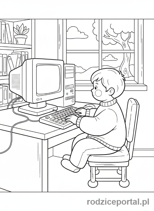 Kolorowanka Wynalazki - Dziecko bawiące się przy starym komputerze