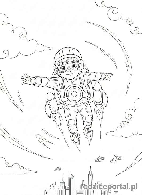 Kolorowanka Wynalazki - Dziecko lecące na plecaku odrzutowym