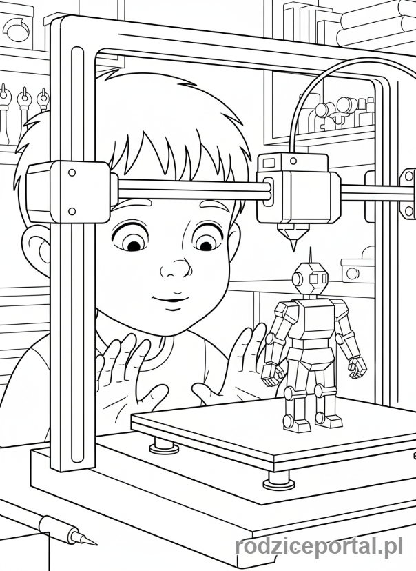 Kolorowanka Wynalazki - Dziecko obserwujące drukarkę 3D