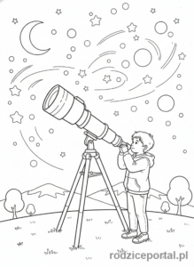 Kolorowanka Wynalazki - Dziecko obserwujące kosmos przez teleskop