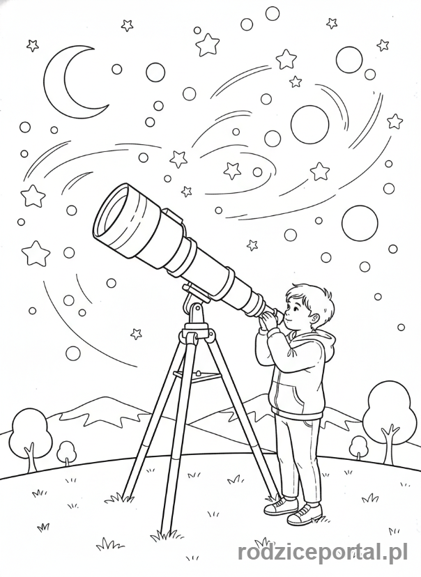 Kolorowanka Wynalazki - Dziecko obserwujące kosmos przez teleskop