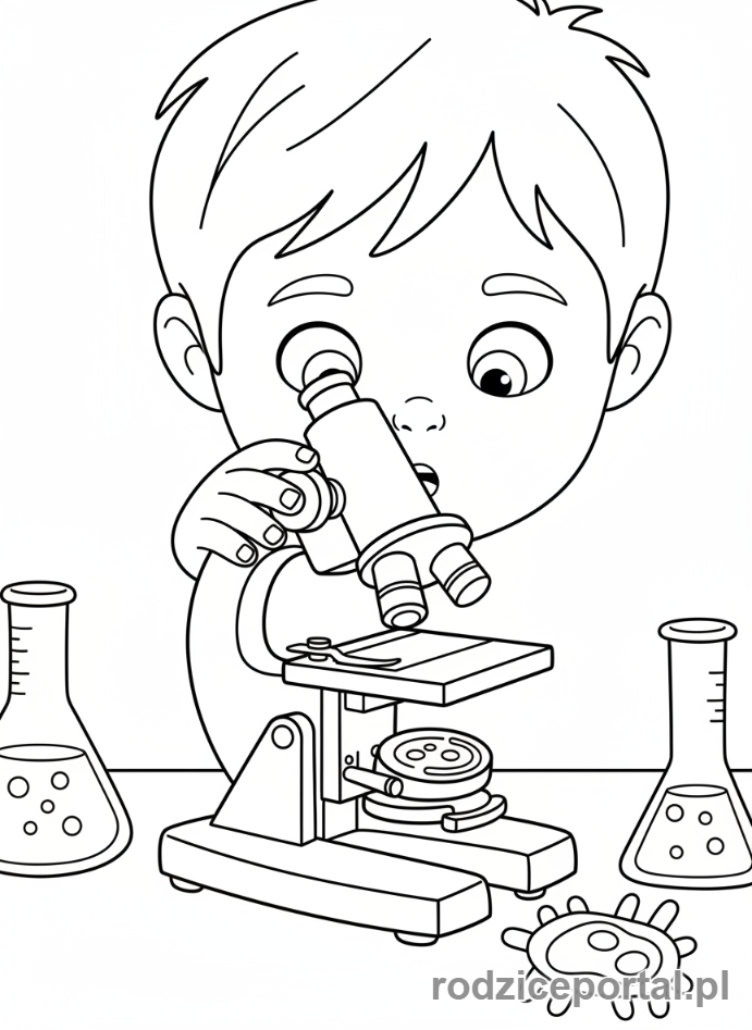 Kolorowanka Wynalazki - Dziecko odkrywające mikroświat mikroskopem