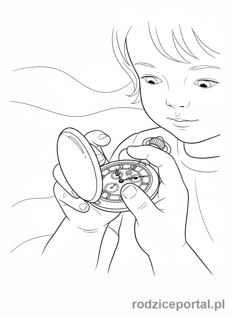 Kolorowanka Wynalazki - Dziecko podziwiające zabytkowy zegarek