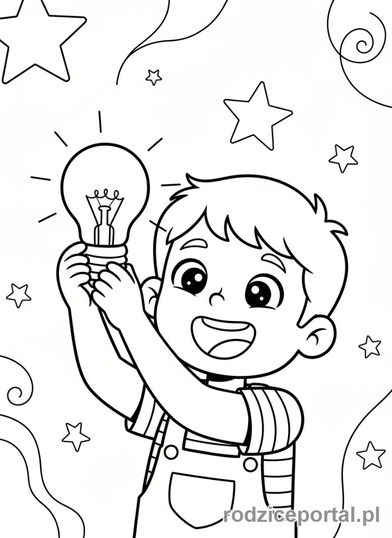 Kolorowanka Wynalazki - Dziecko trzymające świecącą żarówkę