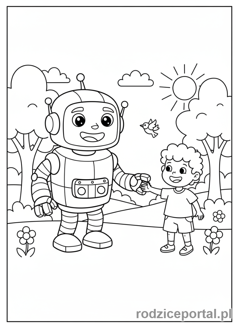 Kolorowanka Wynalazki - Uśmiechnięty robot podający rękę dziecku