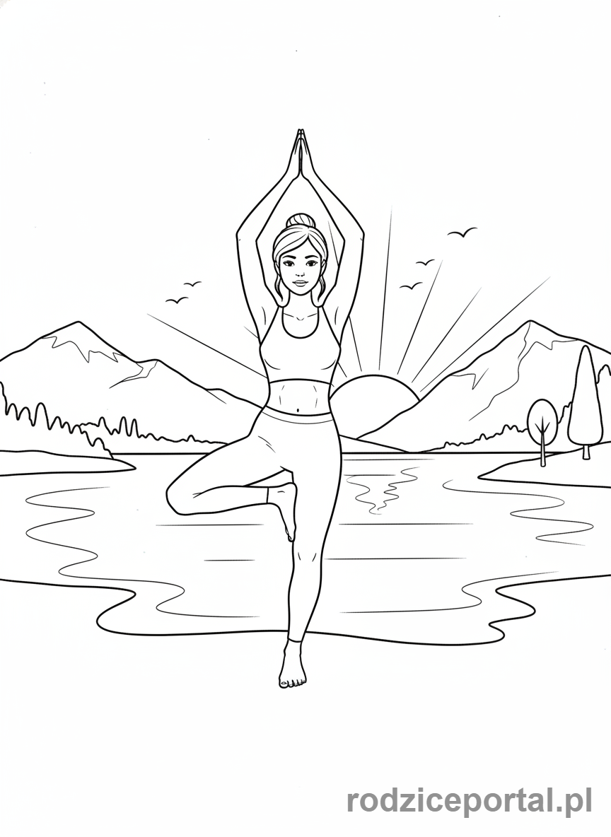 Kolorowanka Wypoczynek - Kobieta ćwicząca jogę nad jeziorem
