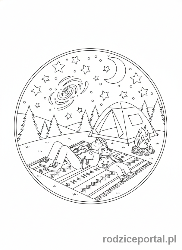 Kolorowanka Wypoczynek - Obserwacja gwiazd na kempingu