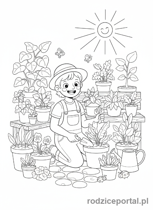 Kolorowanka Wypoczynek - Osoba pielęgnująca rośliny w ogrodzie