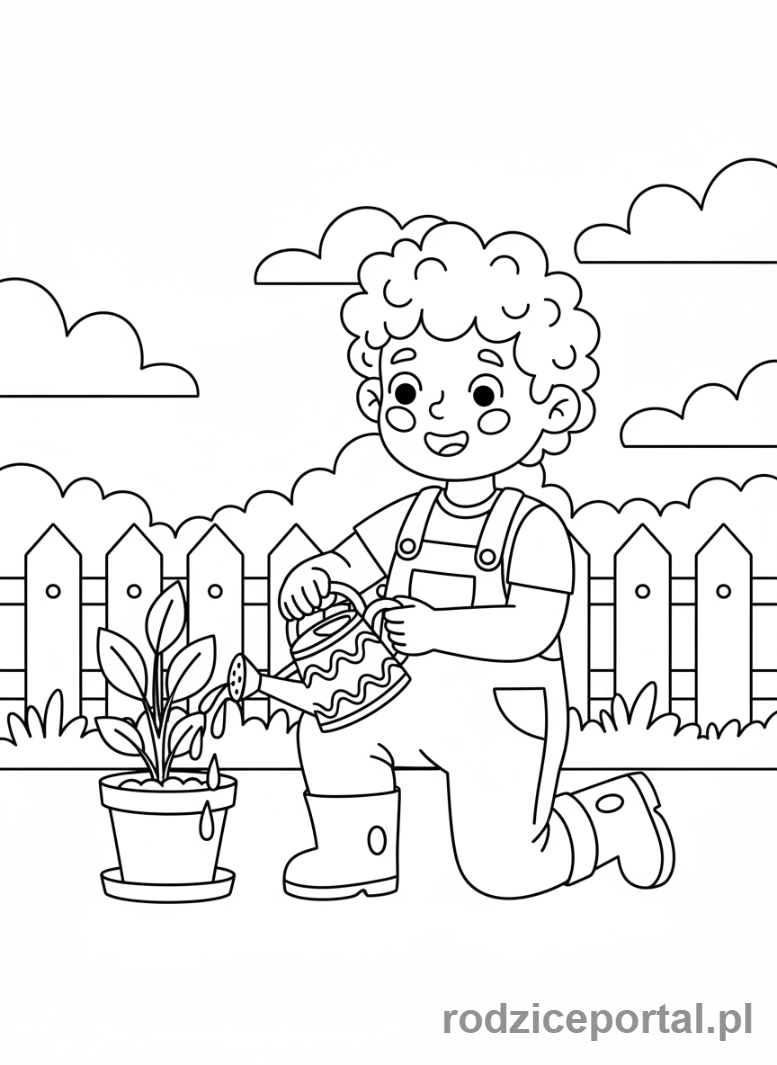Kolorowanka Wzrost Roślin - Dziecko podlewa roślinkę w doniczce