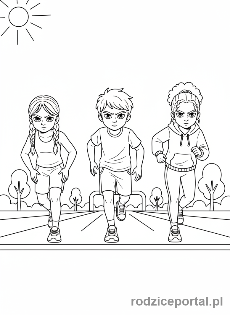 Kolorowanka Zabawy Ruchowe - Dzieci biegnące w wyścigu