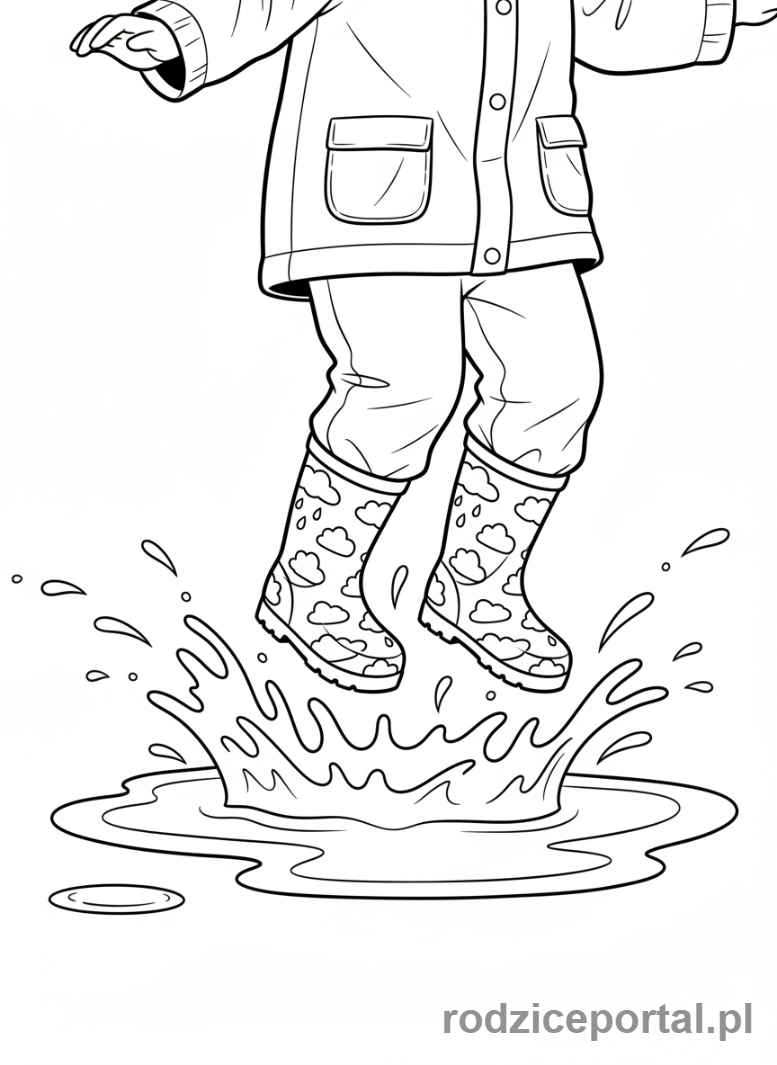 Kolorowanka Zabawy Ruchowe - Dziecko skaczące w kałużach