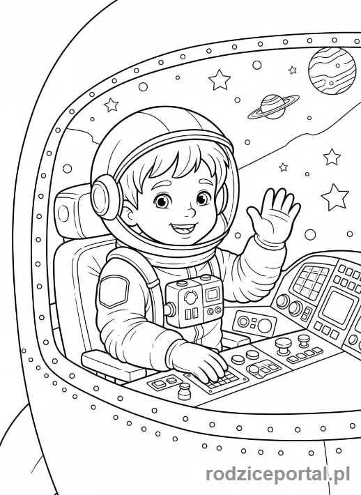 Kolorowanka Zabawy W Role - Dziecko astronauta w rakiecie.