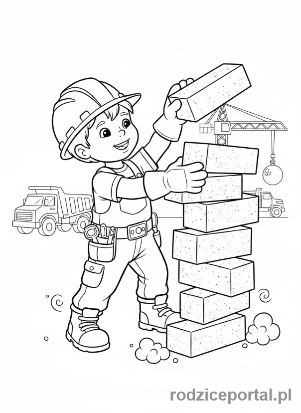Kolorowanka Zabawy W Role - Dziecko budowniczy z klockami.