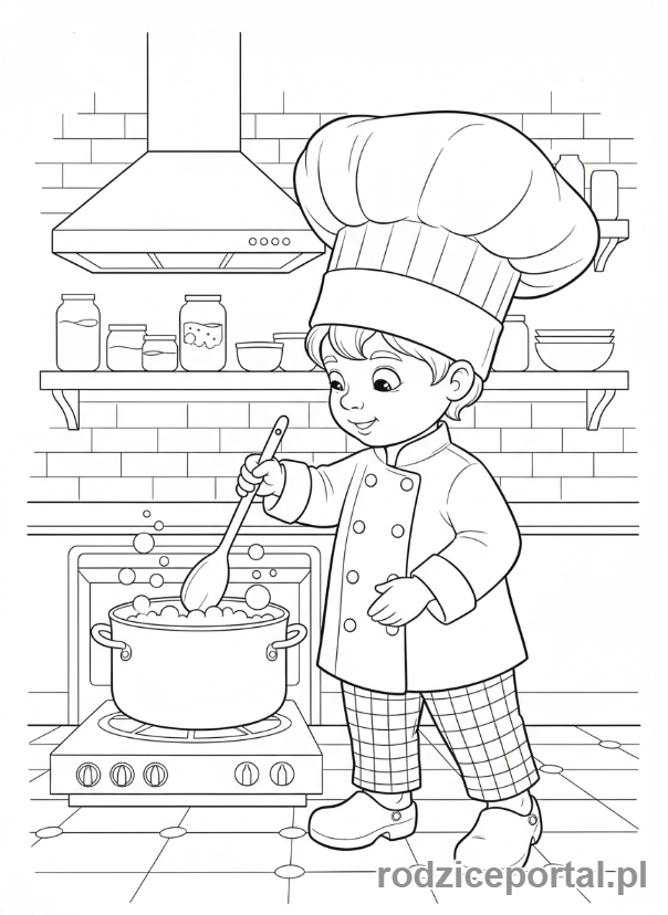 Kolorowanka Zabawy W Role - Dziecko kucharz miesza w garnku.