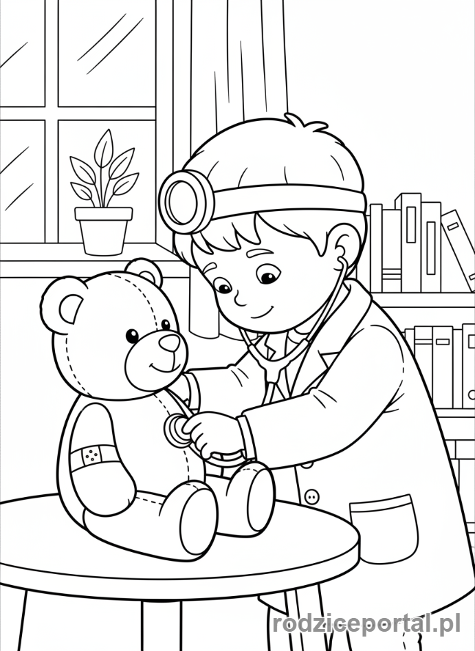 Kolorowanka Zabawy W Role - Dziecko lekarz bada pluszaka.