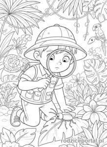 Kolorowanka Zabawy W Role - Dziecko odkrywca z lupą.