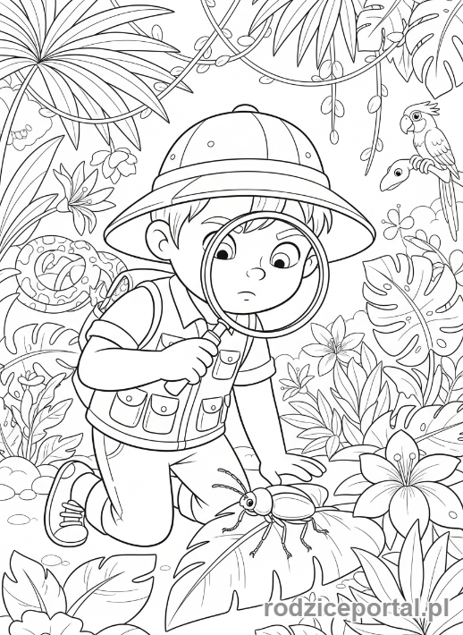 Kolorowanka Zabawy W Role - Dziecko odkrywca z lupą.