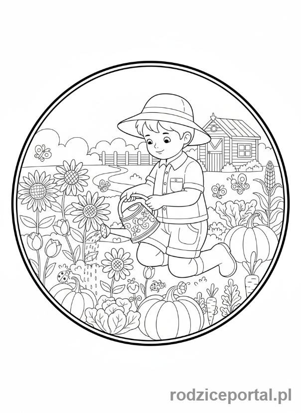 Kolorowanka Zabawy W Role - Dziecko ogrodnik podlewa kwiaty.