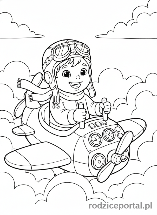 Kolorowanka Zabawy W Role - Dziecko pilot w samolocie.