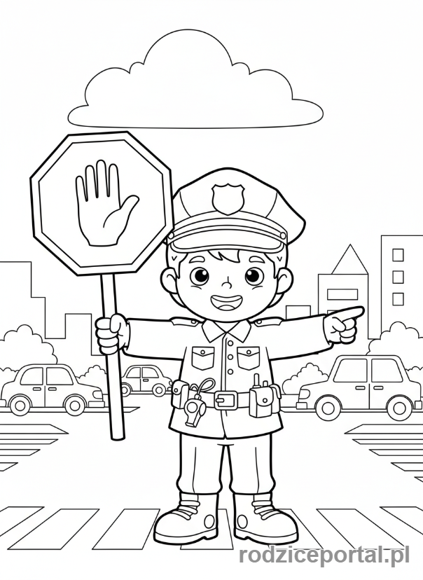 Kolorowanka Zabawy W Role - Dziecko policjant kieruje ruchem.