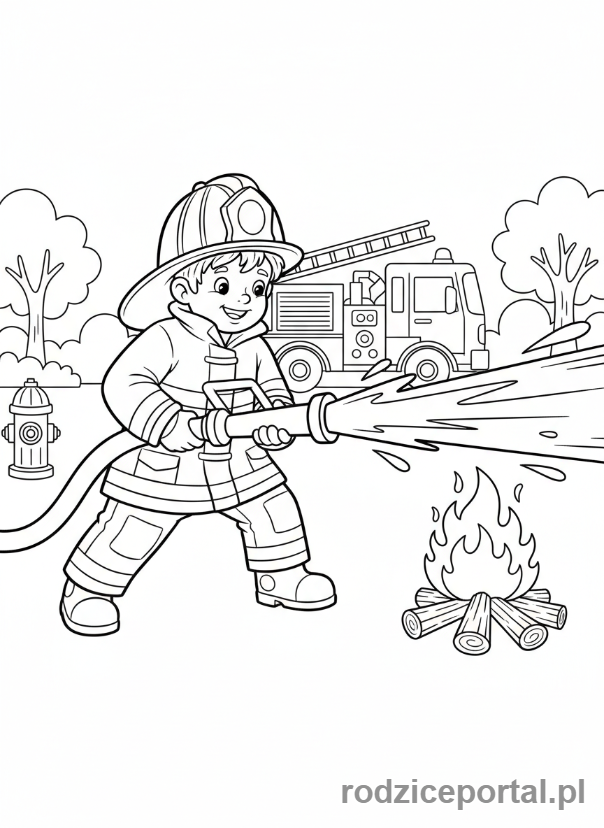 Kolorowanka Zabawy W Role - Dziecko strażak gasi pożar.