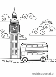 Kolorowanka Zabytki Świata - Big Ben w Londynie z klasycznym autobusem.