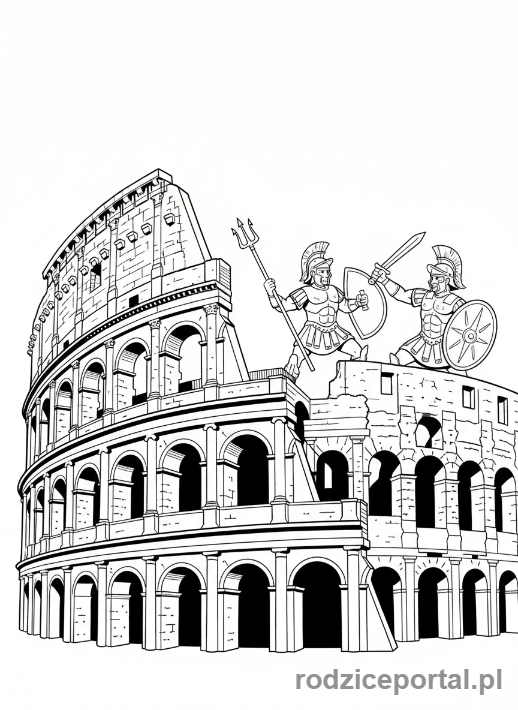 Kolorowanka Zabytki Świata - Koloseum w Rzymie z detalami ruin.