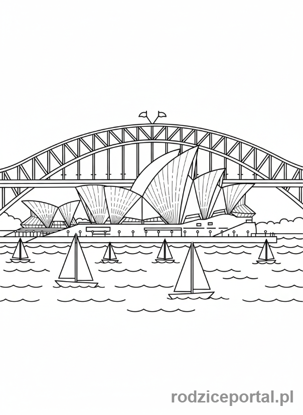 Kolorowanka Zabytki Świata - Opera w Sydney z żaglówkami w zatoce.
