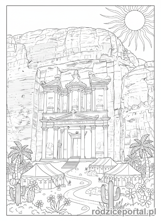 Kolorowanka Zabytki Świata - Skarbiec (Al-Khazneh) w Petrze.