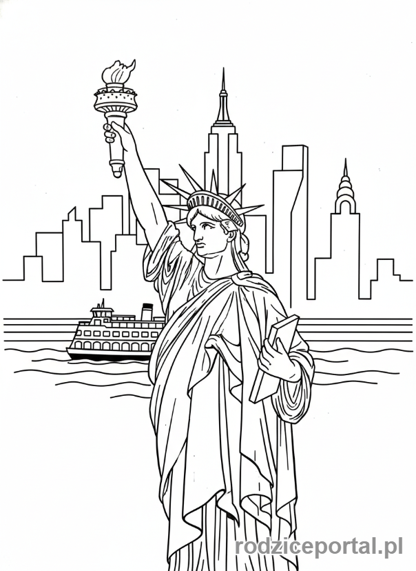 Kolorowanka Zabytki Świata - Statua Wolności z Nowym Jorkiem w tle.